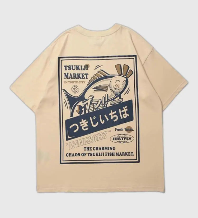 Japanese print shirt with Kanji flags and koi carp