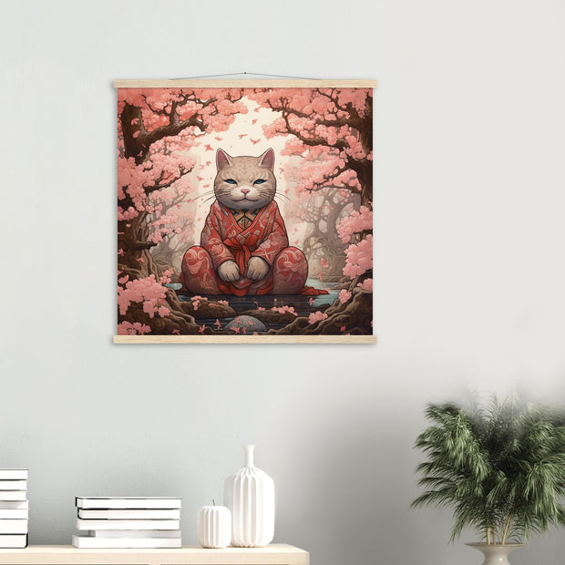 Japanese painting decorated with important symbols such as the Sakura and a Maneki Neko