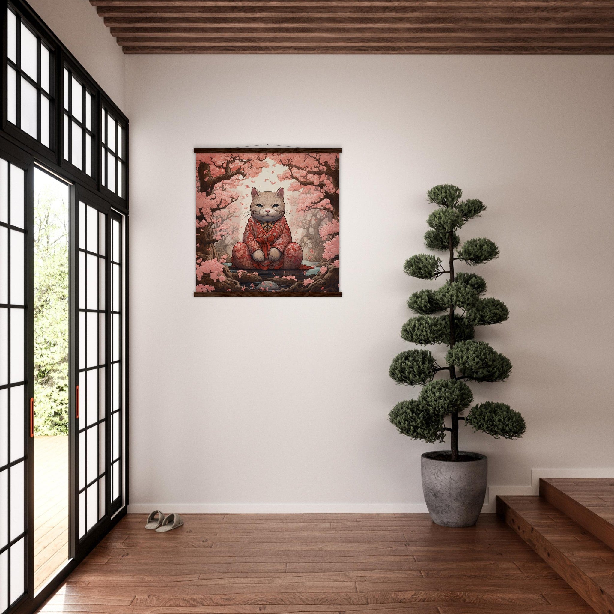 Japanese Sakura Painting 'Maneki-Neko'