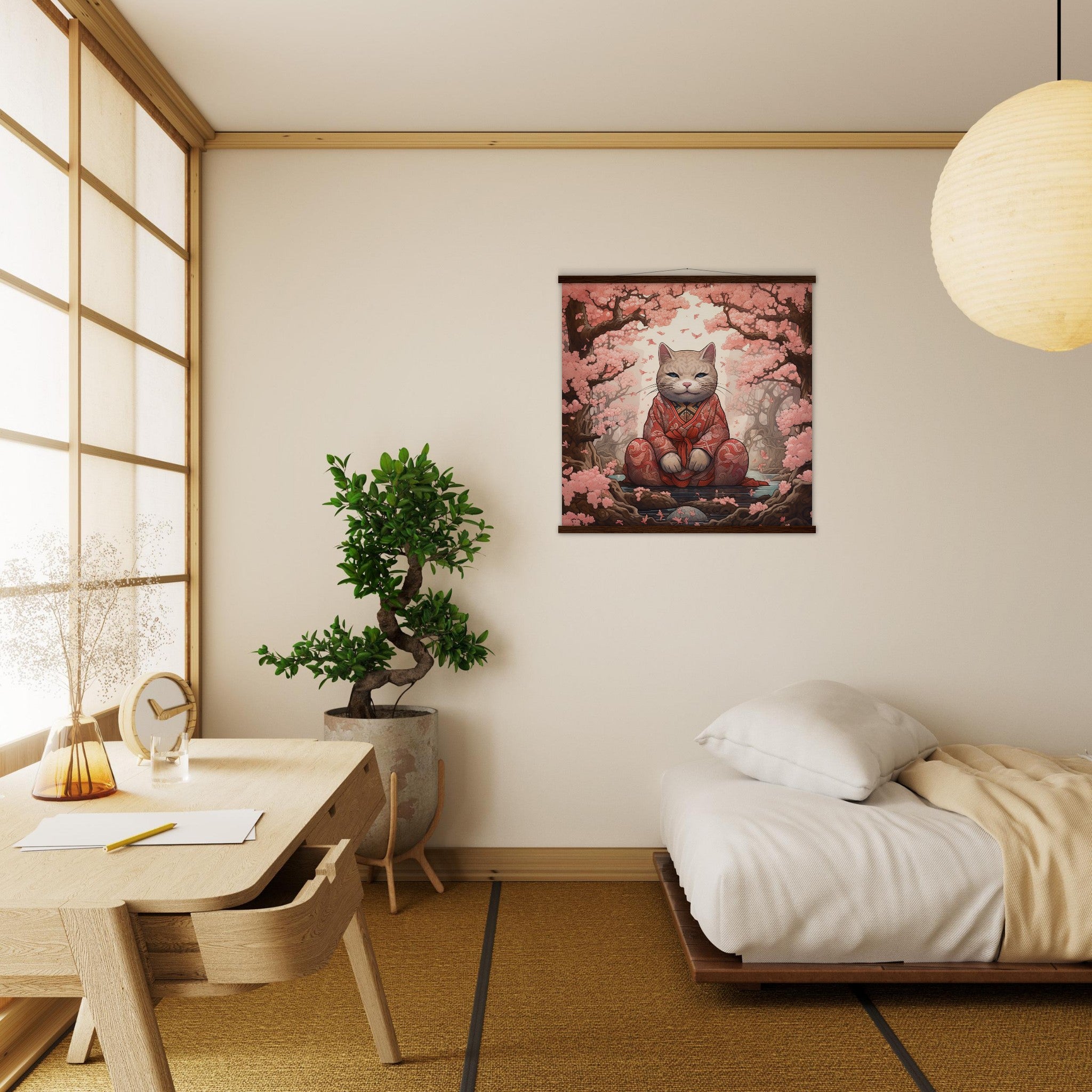 Japanese Sakura Painting 'Maneki-Neko'