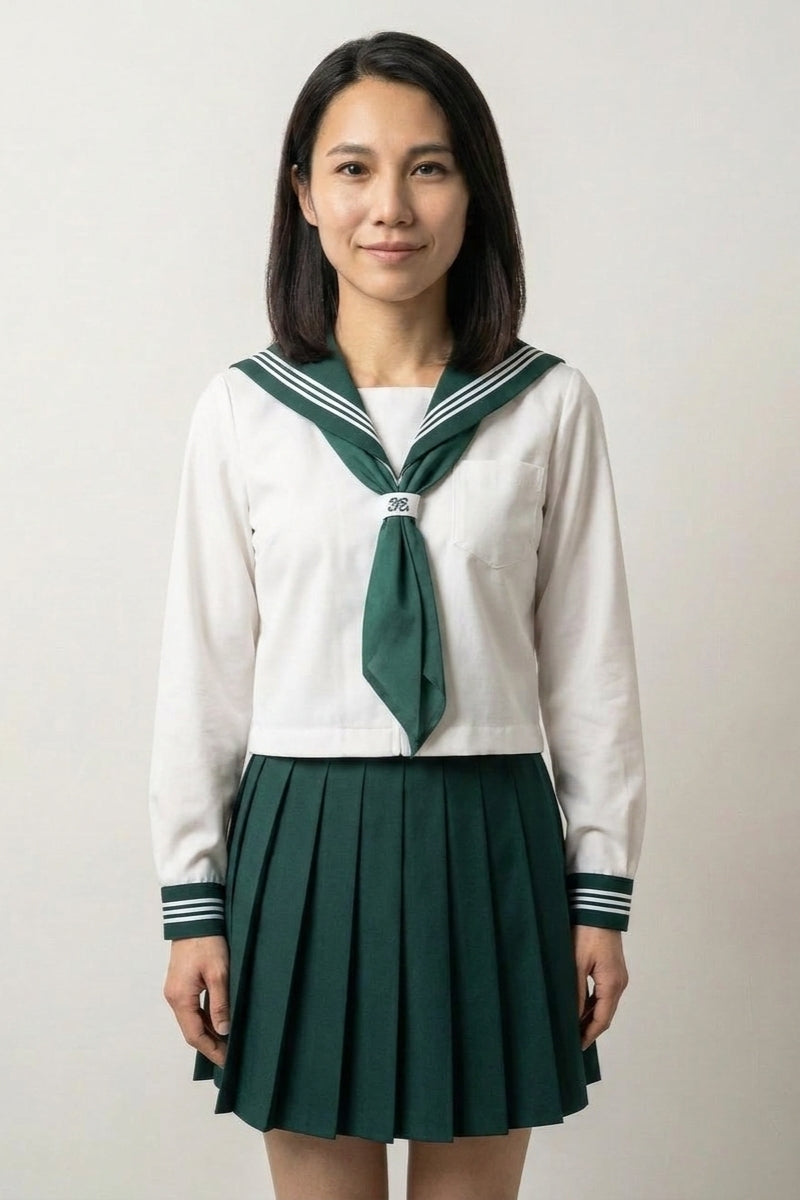 Japanese school uniform Green Sailor with necktie: the same white top and green pleated skirt finished with a long green tie held by a ring