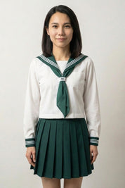 Japanese school uniform Green Sailor with necktie: the same white top and green pleated skirt finished with a long green tie held by a ring
