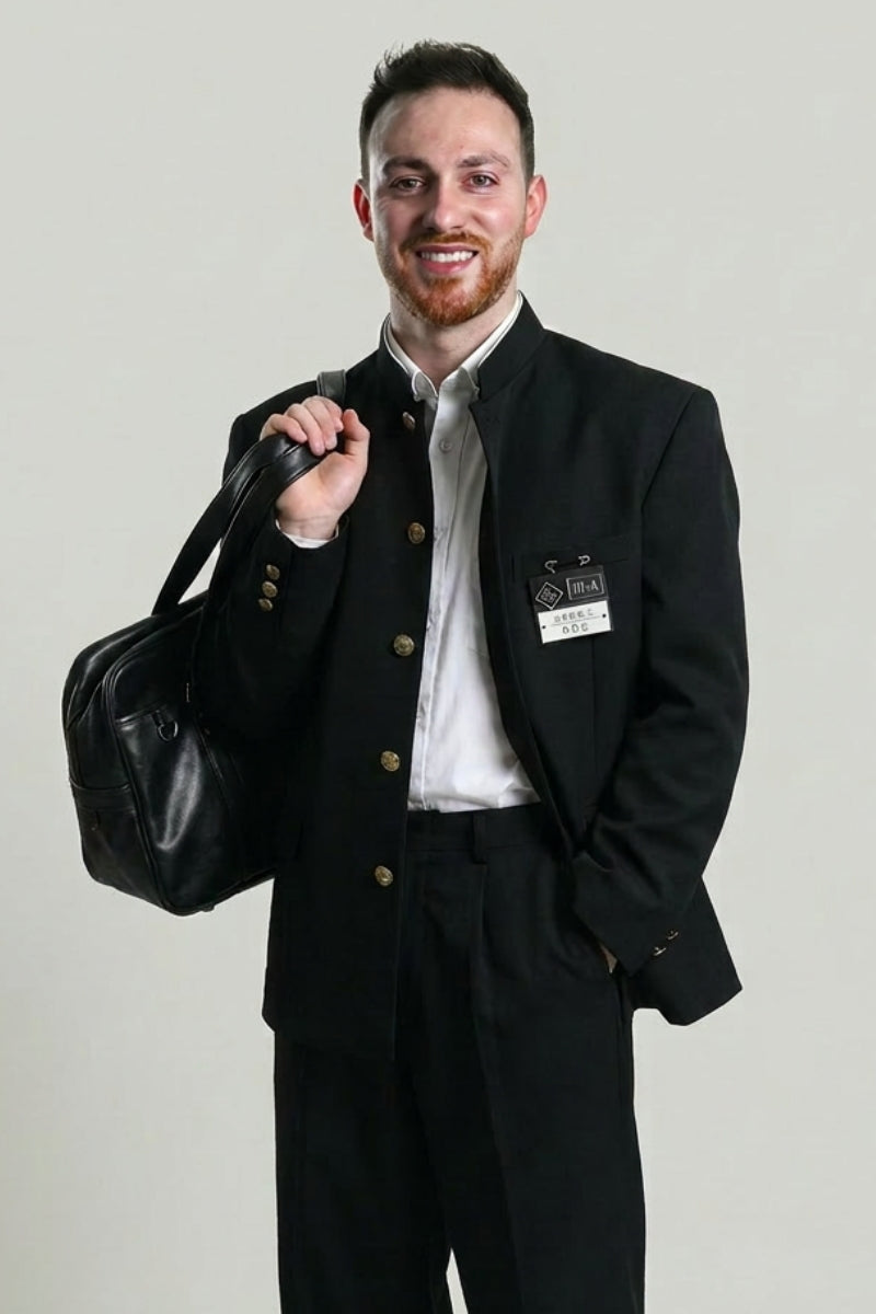 Gakuran jacket detail: the high mandarin collar closing at the throat over the white shirt, gold-tone buttons against deep black