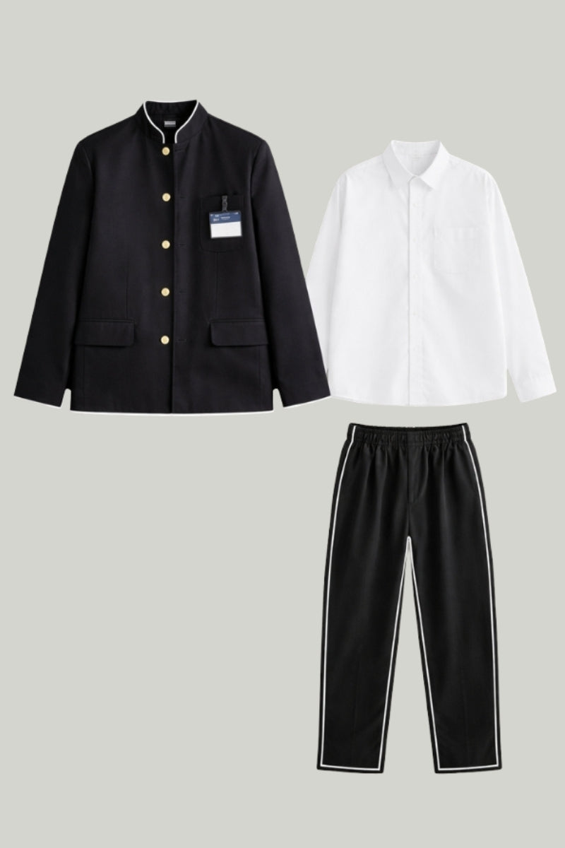 Classic Gakuran three-piece set shown in full: stand-collar jacket, white shirt and straight-cut black trousers