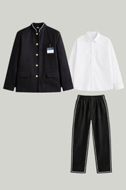 Classic Gakuran three-piece set shown in full: stand-collar jacket, white shirt and straight-cut black trousers