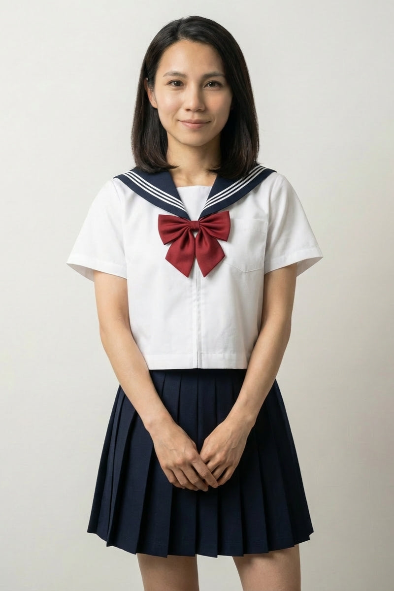 Japanese school uniform Tokyo Sailor in white: short-sleeved sailor top with navy collar, bordeaux bow and knife-pleated navy skirt