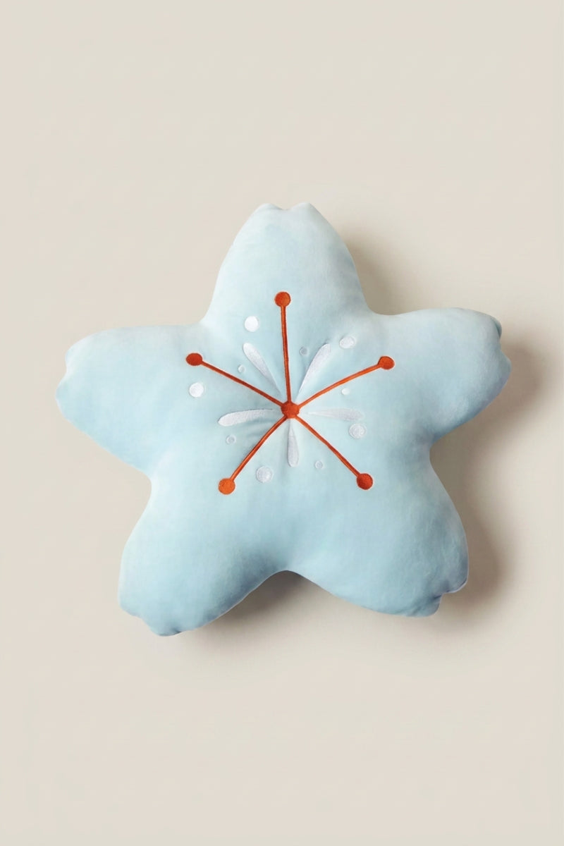 Japanese Starfish cushion 'Shuka' — Japanese floor cushion (zabuton), a pale blue five-point starfish-shaped plush cushion with red stitching