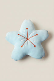 Japanese Starfish cushion 'Shuka' — Japanese floor cushion (zabuton), a pale blue five-point starfish-shaped plush cushion with red stitching