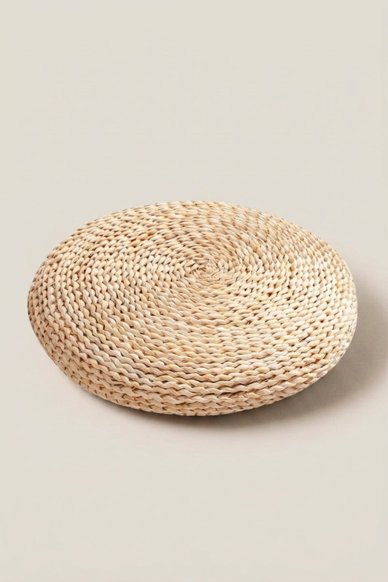 Japanese Straw Cushion 'Futon' — Japanese floor cushion (zabuton), a round woven straw floor cushion with a natural rattan weave