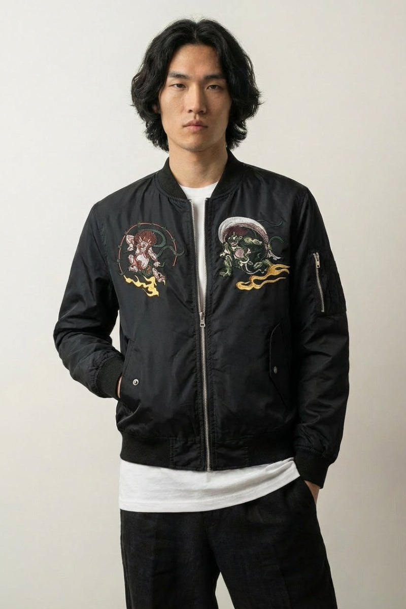 Japanese Streetwear Bomber Jacket 'Yokai' — black sukajan bomber, samurai figures in golden cloud, zip front