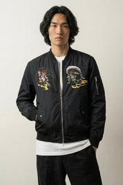 Japanese Streetwear Bomber Jacket 'Yokai' — black sukajan bomber, samurai figures in golden cloud, zip front