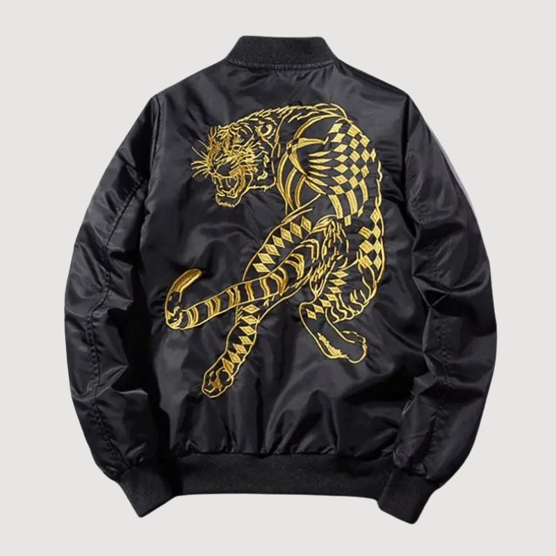Japanese Sukajan Jacket 'Kurogane' — reversible sukajan, gold tiger and white tiger face