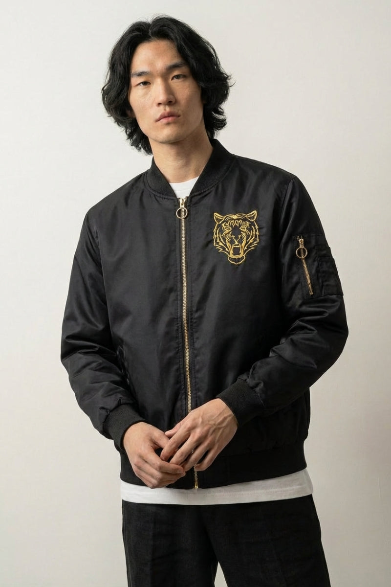 Japanese Sukajan Jacket 'Kurogane' — reversible sukajan, gold tiger and white tiger face