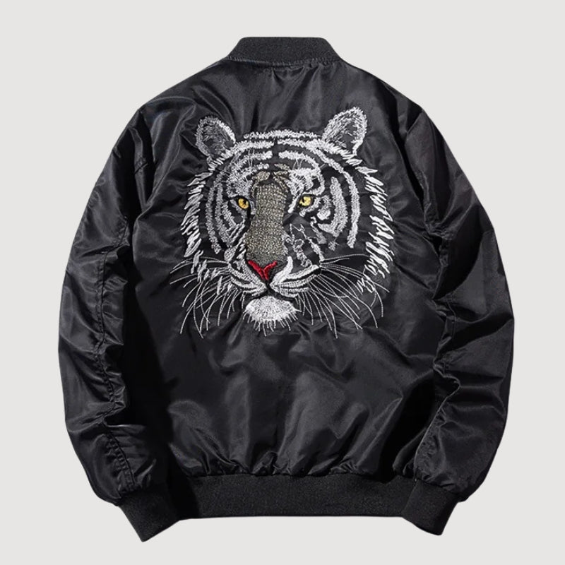 Japanese Sukajan Jacket 'Kurogane' — reversible sukajan, gold tiger and white tiger face