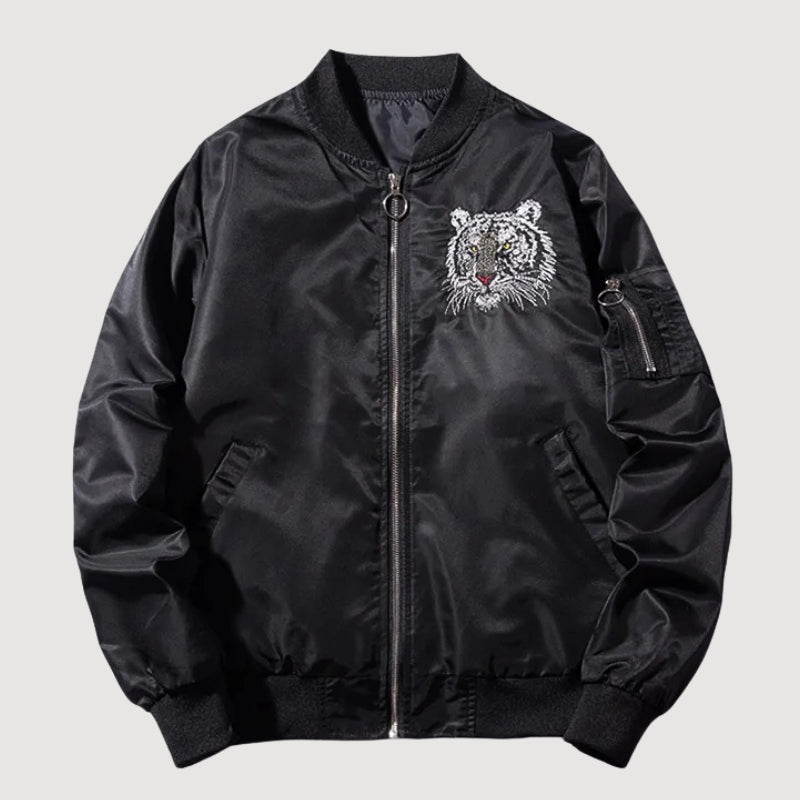 Japanese Sukajan Jacket 'Kurogane' — reversible sukajan, gold tiger and white tiger face