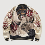 Japanese Sukajan Jacket 'Shirokage' — beige sukajan, white fox and red flames embroidered