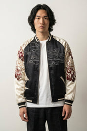 Japanese Sukajan Jacket 'Shirokage' — beige sukajan, white fox and red flames embroidered