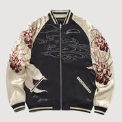 Japanese Sukajan Jacket 'Shirokage' — beige sukajan, white fox and red flames embroidered
