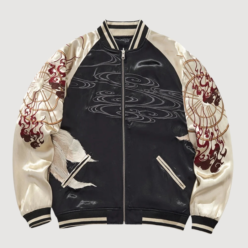 Japanese Sukajan Jacket 'Shirokage' — beige sukajan, white fox and red flames embroidered