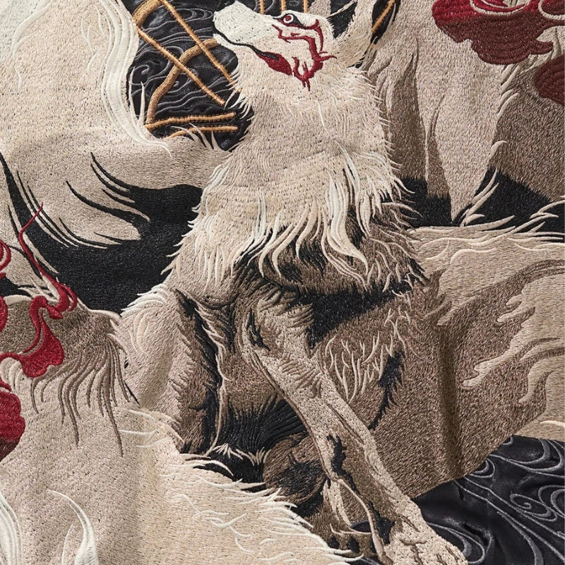 Japanese Sukajan Jacket 'Shirokage' — beige sukajan, white fox and red flames embroidered