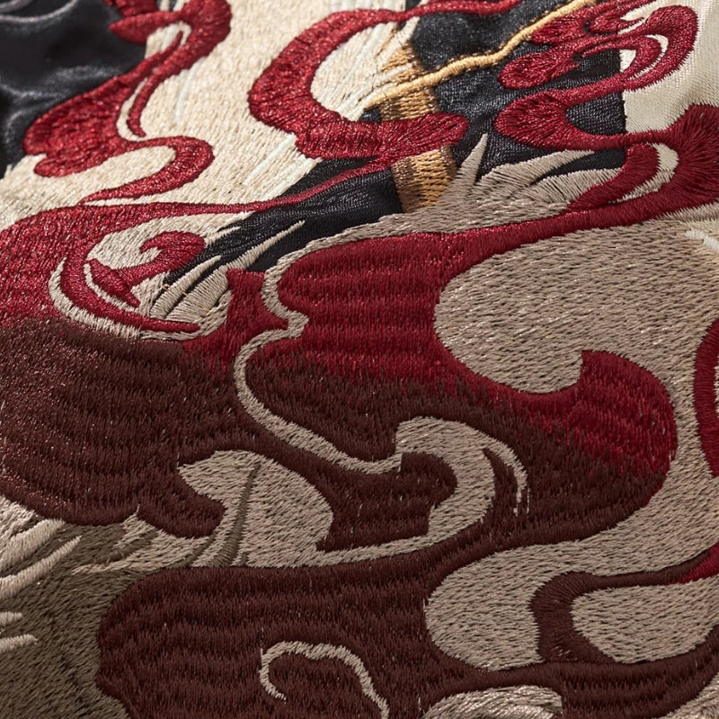 Japanese Sukajan Jacket 'Shirokage' — beige sukajan, white fox and red flames embroidered