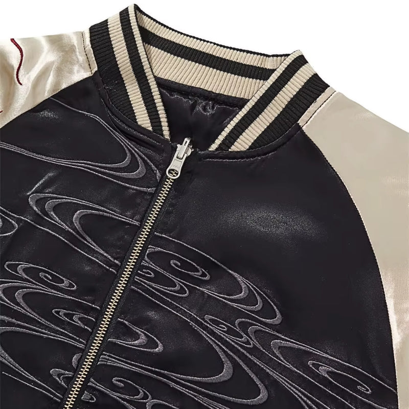 Japanese Sukajan Jacket 'Shirokage' — beige sukajan, white fox and red flames embroidered