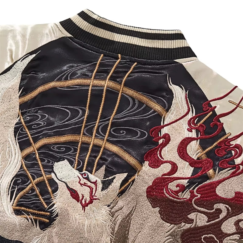 Japanese Sukajan Jacket 'Shirokage' — beige sukajan, white fox and red flames embroidered