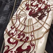 Japanese Sukajan Jacket 'Shirokage' — beige sukajan, white fox and red flames embroidered