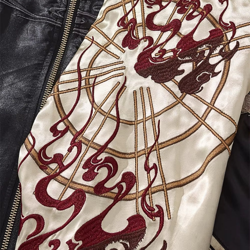 Japanese Sukajan Jacket 'Shirokage' — beige sukajan, white fox and red flames embroidered