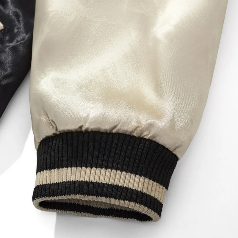Japanese Sukajan Jacket 'Shirokage' — beige sukajan, white fox and red flames embroidered