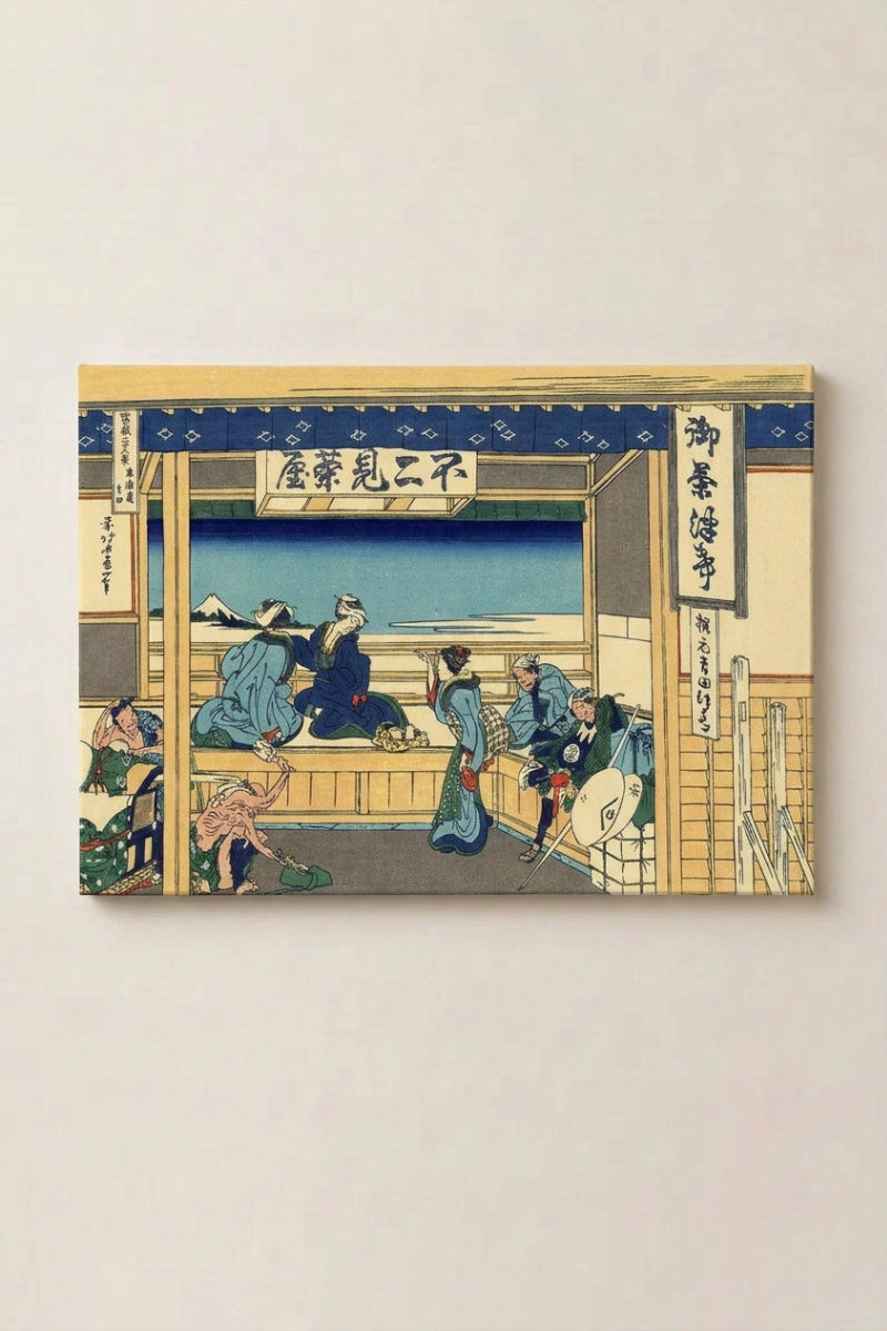 Japanese Geisha print 'Shiata' — Japanese ukiyo-e-style print depicting a teahouse interior with figures and a hanging sign, ukiyo-e genre scene canvas print, shown on a wall