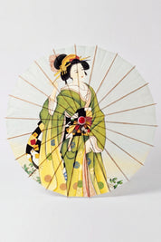 Traditional Japanese paper umbrella with a woman in a green and yellow kimono in ukiyo-e print style on a soft green ground, shown open on bamboo ribs