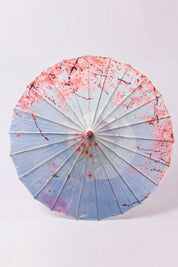 Traditional Japanese paper umbrella with pink cherry blossom raining from above on a sky-blue canopy fading to white, shown open on bamboo ribs