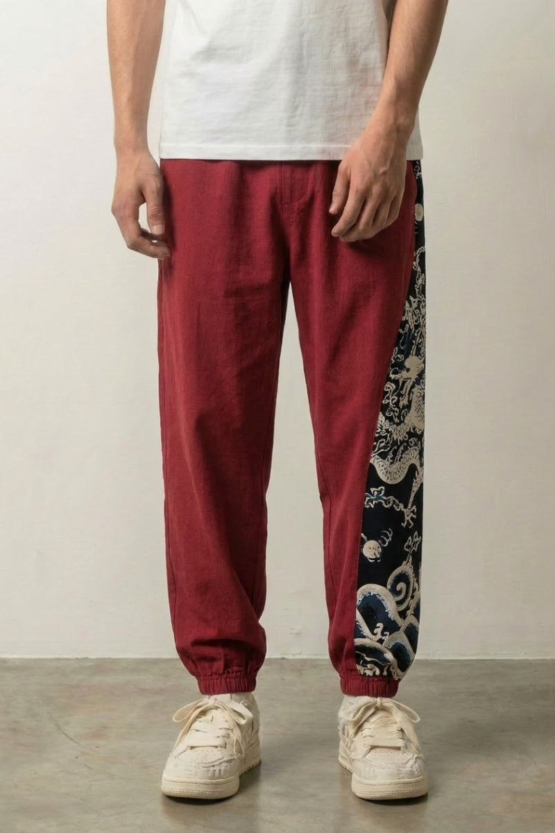 Japanese Wide Leg Pants 'Akira' — Japanese wide-leg pants with a printed dragon side panel