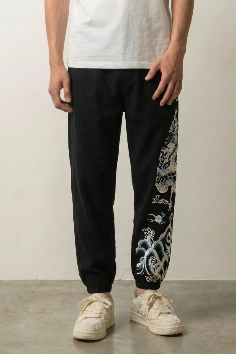 Japanese Wide Leg Pants 'Akira' — Japanese wide-leg pants with a printed dragon side panel