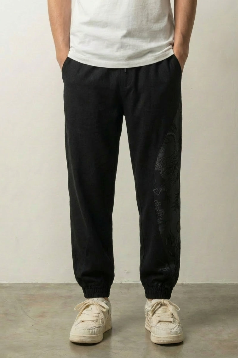 Japanese Wide Leg Pants 'Akira' — Japanese wide-leg pants with a printed dragon side panel