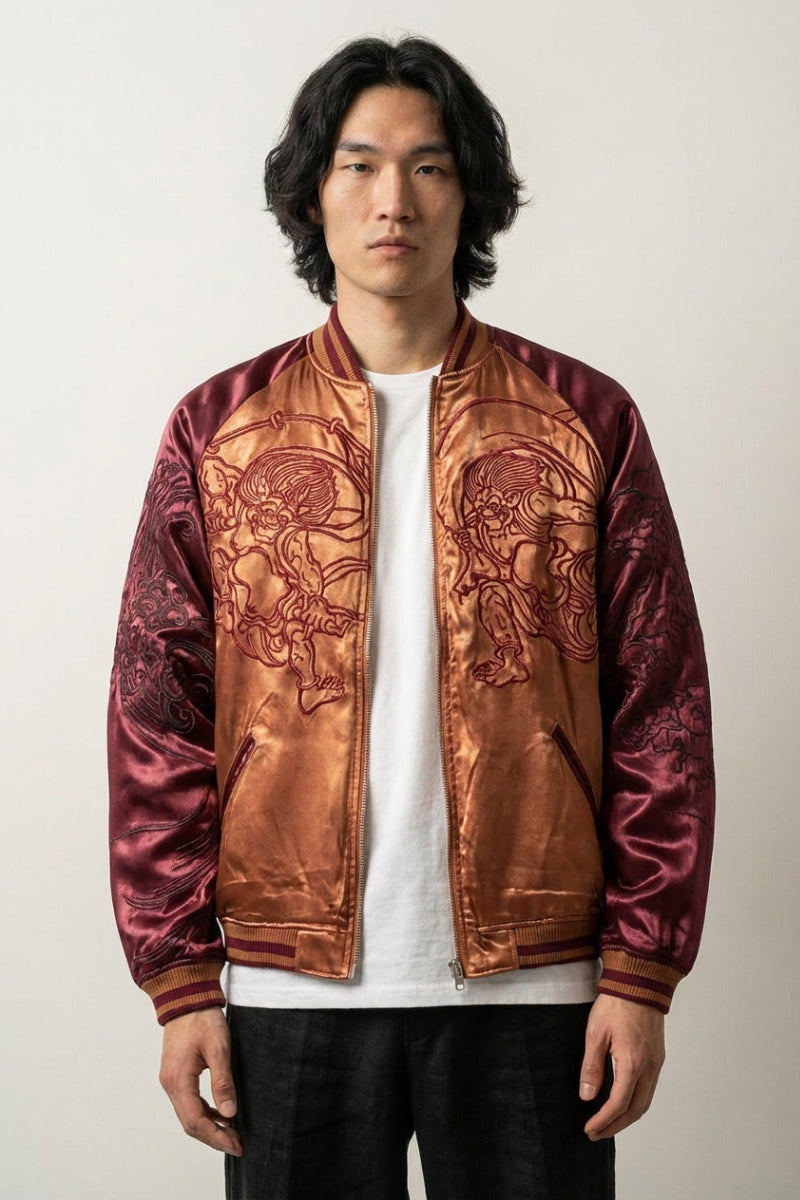 Detail view of Japanese garment - Japanese Yokai Sukajan Fujin Raijin