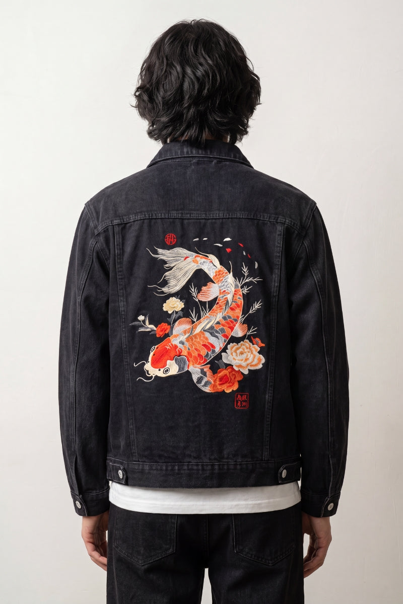 Jean Japan Jacket Nishikigoi, washed black denim jacket with koi carp and peony embroidery across the back