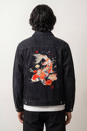 Jean Japan Jacket Nishikigoi, washed black denim jacket with koi carp and peony embroidery across the back
