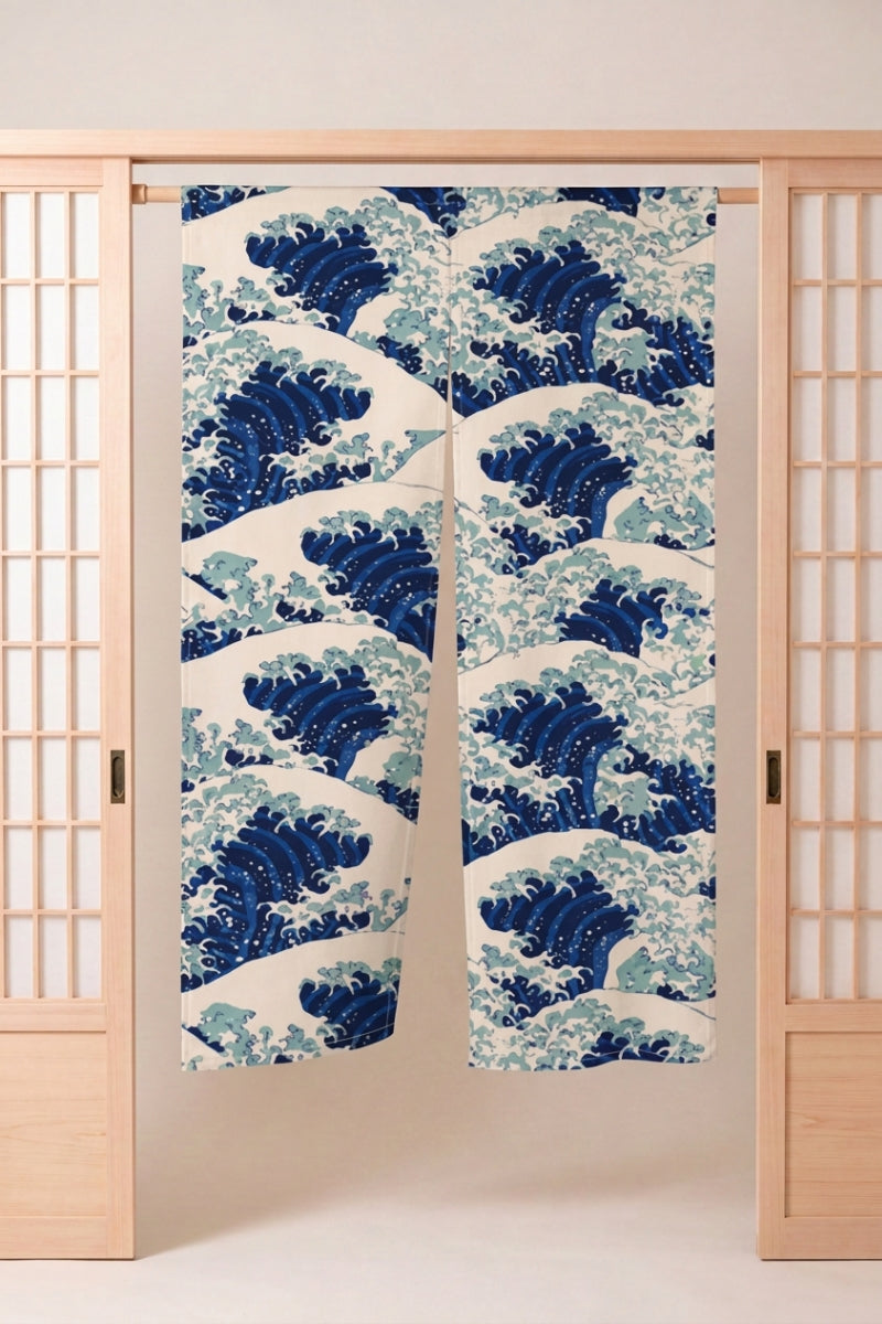 Japanese Noren 'Kanagawa Wave' — split doorway curtain printed with rows of blue and turquoise breaking waves with white foam on cream, traditional Japanese room divider
