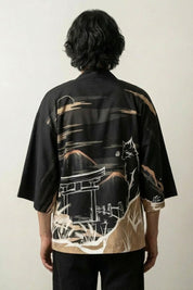 Kimono Cardigan for Men 'Hikaru' — The black kimono cardigan with a golden pavilion at the hem
