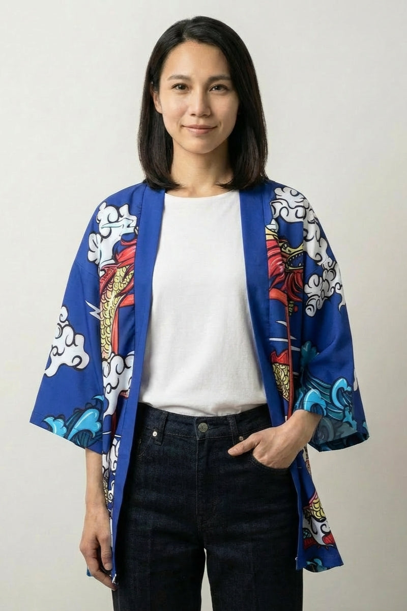 Kimono cardigan Saori in blue, front view: the same dragon and torii scene over a deep blue ground