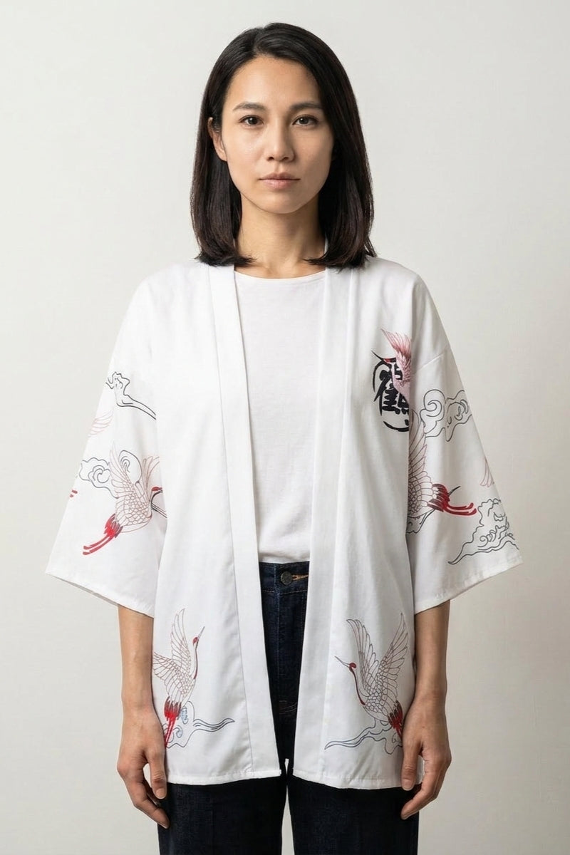Kimono jacket Haruko in white, front view: crimson bird detail on an open three-quarter sleeve jacket
