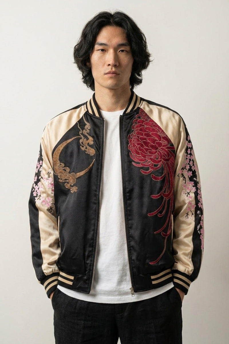 Kirin Sukajan Jacket 'Getsumei' — reversible sukajan, kirin and crescent moon, blue and cream