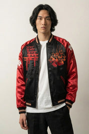 Kitsune Sukajan Jacket 'Akuma no Hana' — red sukajan, folkloric spirits and torii gate embroidered