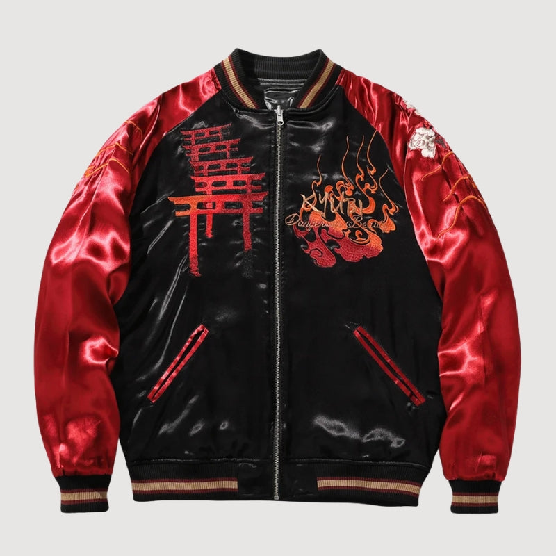 Kitsune Sukajan Jacket 'Akuma no Hana' – Japanese Fox Spirit Embroidered Bomber Jacket