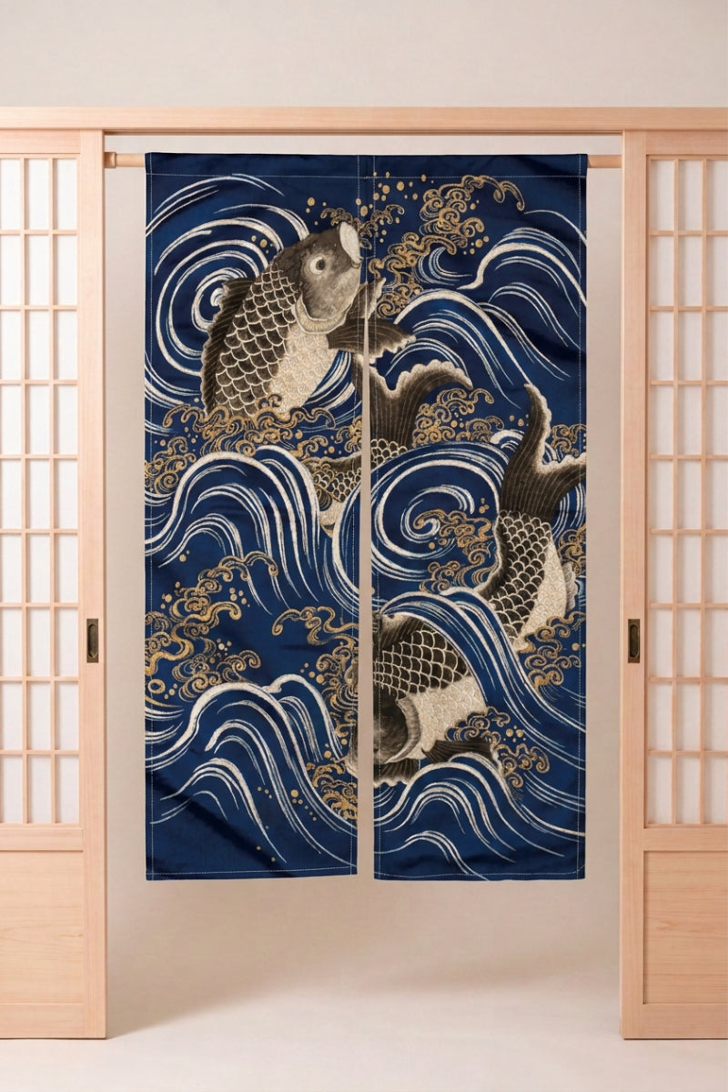 Japanese Noren 'Carpe Koi' — split doorway curtain printed with two large koi carp swimming through white and gold waves on navy, traditional Japanese room divider