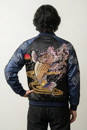 Koi Sukajan Jacket 'Hanami no Taki' — reversible sukajan, climbing koi and sun, red and blue