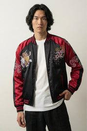 Koi Sukajan Jacket 'Hanami no Taki' — reversible sukajan, climbing koi and sun, red and blue