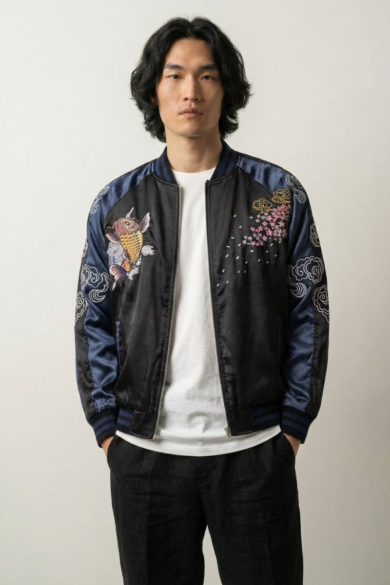 Koi Sukajan Jacket 'Hanami no Taki' — reversible sukajan, climbing koi and sun, red and blue